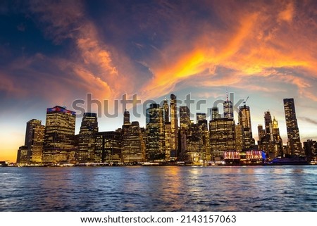 Panoramic Night view of downtown Manhattan after sunset in New York City, USA