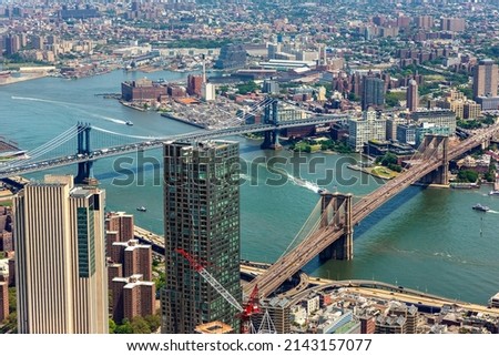 Panoramic aerial view of Brooklyn Bridge and Manhattan Bridge in New York City, NY, USA