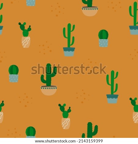 Seamless pattern of cactus in flowerpot. Cartoon colorful houseplants on orange background