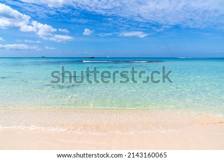 Exotic sea beach with beautiful turquoise wave. Sea wave on the sand. Beautiful postcard with a summer landscape of wild nature. Honeymoon at sea. High quality photo