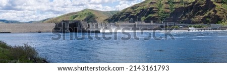 A Panoramic view of Lower Granite Lake Dam on the Snake River in Washington, USA Royalty-Free Stock Photo #2143161793