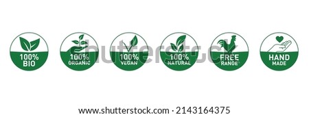 100% bio, 100% organic, vegan, 100% natural, free range, hand made icon set vector illustration 