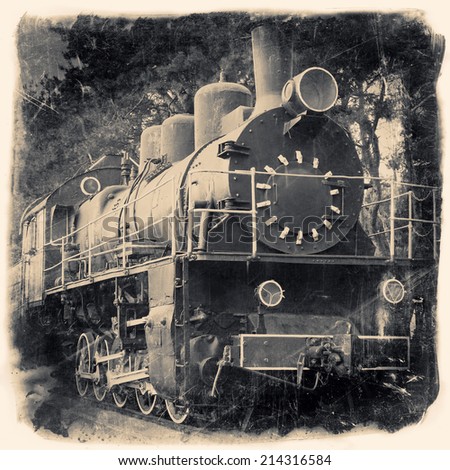 Old locomotive in retro black and white design, vintage stylized