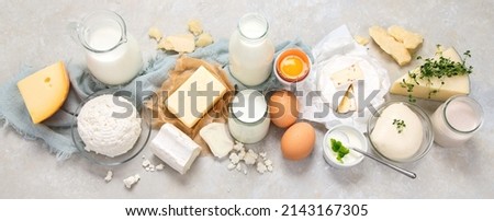 Fresh diary products on light background. Halthy food concept. panorama Royalty-Free Stock Photo #2143167305