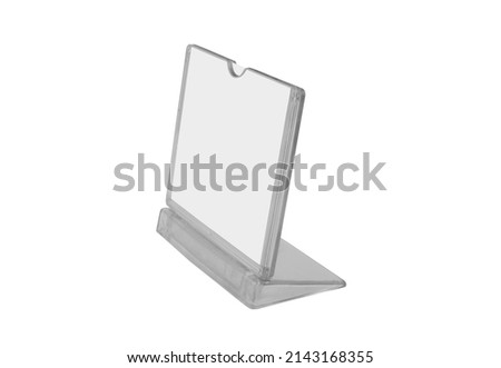Plastic desk display isolated on white. Advertising stand banner with copy space.