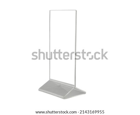 Vertical plastic desk display isolated on white. Advertising stand with copy space for text.
