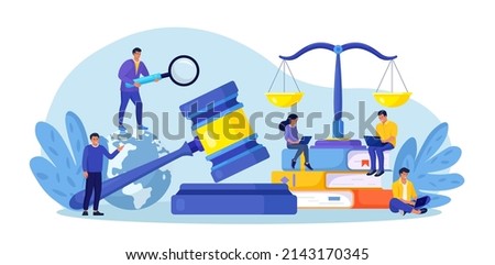 Law and Justice. Men discuss legal issues, people work on laptop near justice scales, judge gavel, wooden hammer. Supreme court. Lawyer consulting client. Legislation, civil regulation  Royalty-Free Stock Photo #2143170345