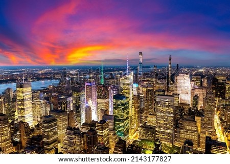 Panoramic aerial view of Manhattan at sunset in New York City, NY, USA
