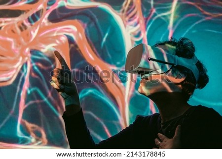 A woman wearing virtual reality glasses, cyber ​​space