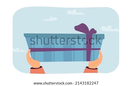 Hands holding huge gift box flat vector illustration. Person giving birthday present with ribbon and bow. Celebration, party, surprise concept for banner, website design or landing web page