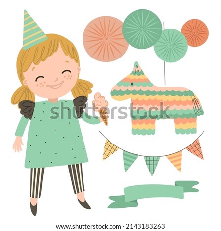 Cute girl with birthday decorations elements on white background. Birthday garland and pinata. Birthday party hand drawn vector illustration.