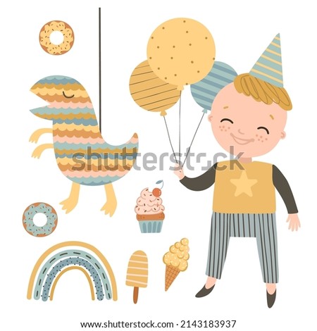 Cute boy with birthday elements on white background. Balloons, ice-cream, pinata and birthday decorations. Kids birthday party hand drawn vector illustration.