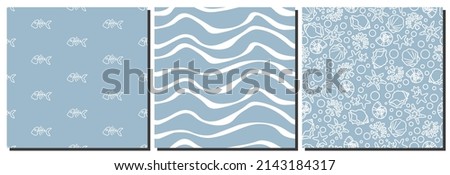 Set of sea seamless patterns. Patterns with fish, waves and shells elements. Transparent pattern without background with white elements.