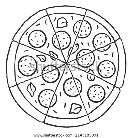 Pepperoni pizza whole round  Hand drawn  doodle  sketch isolated on white background. line Vector illustration