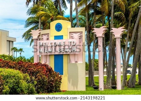 Welcome to Miami Beach road sign in a sunny day, Miami Beach , Florida