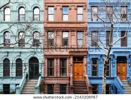 Exterior view of colorful old buildings in the Upper West Side neighborhood of Manhattan in New York City NYC Royalty-Free Stock Photo #2143208987
