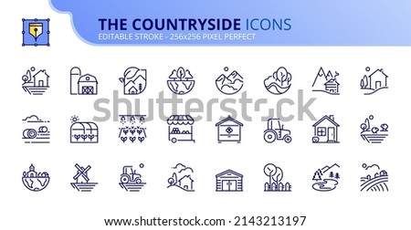 Line icons about the countryside. Contains such icons as rural house, farm, landscape mountain, nature, grove and lake. Editable stroke Vector 256x256 pixel perfect