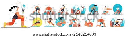Runners set. Flat vector concept illustrations of male and female athletes running in the park, forest, stadium track or street landscape. Healthy activity and lifestyle. Sprint, jogging, warming up. Royalty-Free Stock Photo #2143214003