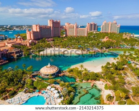 Paradise Lagoon aerial view and The Royal Cove Reef Tower at Atlantis Hotel on Paradise Island, Bahamas. Royalty-Free Stock Photo #2143214375