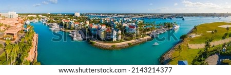 Harborside Villas panoramic aerial view and Paradise Island Bridge at Nassau Harbour, from Paradise Island, Bahamas. Royalty-Free Stock Photo #2143214377