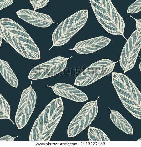 Alocasia leaves seamless pattern.Vintage tropical branch in engraving style. Hand drawn texture foliage for fabric, wallpaper, textile, print, wrapping paper. Vector illustration.