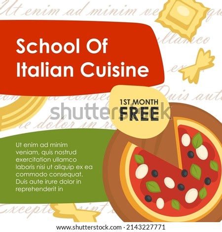 Learning how to cook Italian dishes and cuisine recipes, culinary tips and tricks for students. Pizza and macaroni, lessons for beginners and professionals chefs, masterclass, vector in flat style