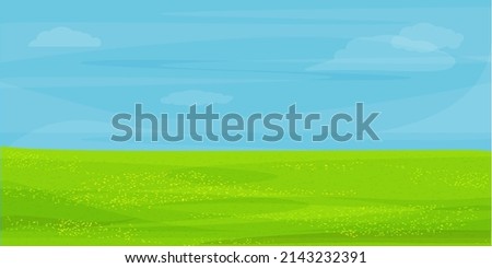 Green plain, field. Blue sky. Beautiful vector landscape. Background, banner.