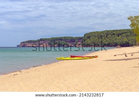 Sea Kayaks Ready to Head Out on Miners Beach on Lake Superior in Pictured Rocks National Lakeshore in Michigan