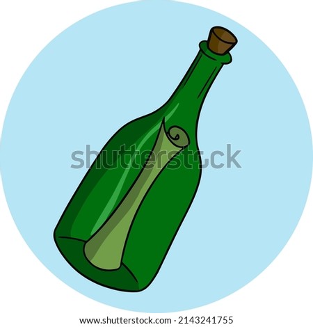 Green glass bottle with message, letter, cartoon vector illustration, icon on blue background