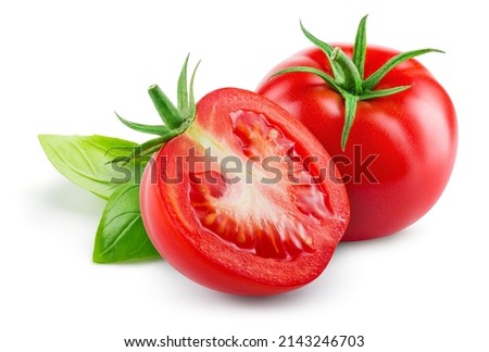 Tomato isolated. Tomato whole, half, on white background. Tomatoes with green basil leaves. Clipping path. Full depth of field. Royalty-Free Stock Photo #2143246703