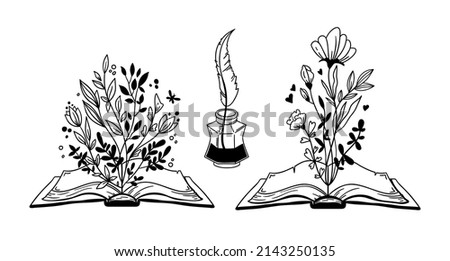 Open book and wild flowers black and white vector graphic, Floral book and feather isolated clip art, Book lovers hand drawn print, Fantasy botanical illustration