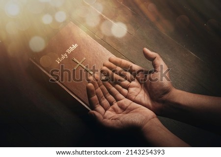 A bible on a wooden table illuminated from above. and praying hands concept of faith, hope, trust in God Royalty-Free Stock Photo #2143254393