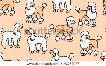 Seamless pattern with dogs of the Poodle breed. Animal characters with different haircuts.Childish background and texture for printing on fabric and paper.Hand drawn vector cartoon illustration.