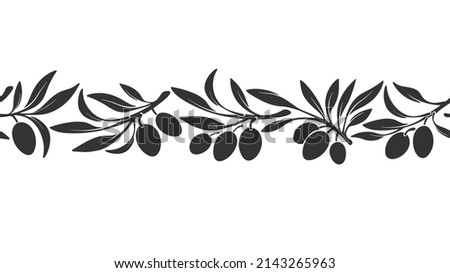 Olive border. Vector seamless print. Decorative band. Shape of plant, black fruit, leaves on white background. Organic ornament Royalty-Free Stock Photo #2143265963