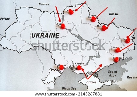 Russia and Ukraine. Ukraine crisis map. Ukraine and Russia military conflict. Geopolitical concept illustration.