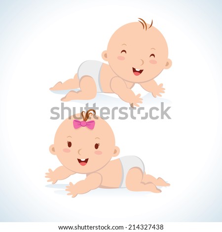 Cute baby crawling. Cute baby boy and girl crawling in a diaper.