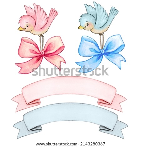 watercolor baby bird set with bows and banners