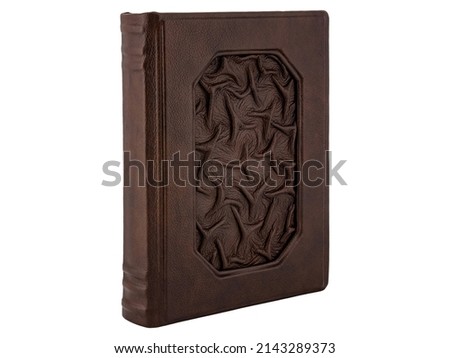 Brown Leather mockup book with cover color isolated on white background, front view. With empty lable and metal fittings.