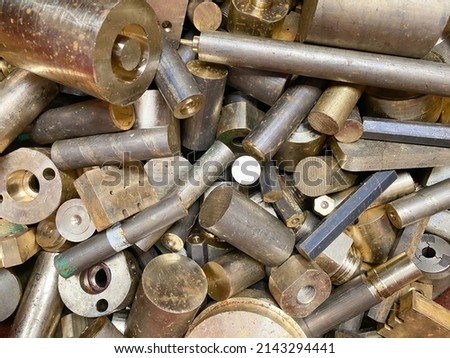 Metal products in the factory scrap brass rods rejects. High quality photo