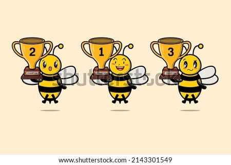 Set of cute cartoon bee holding trophy with happy expression in 3d modern style design