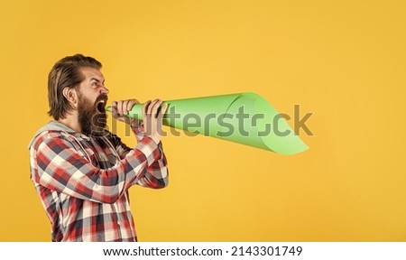 International Human Right day. vote. urge the public. dont be afraid to express your opinion. free man shouting in megaphone. Handsome man shouting through speaker. loud announcement. dont be silent Royalty-Free Stock Photo #2143301749