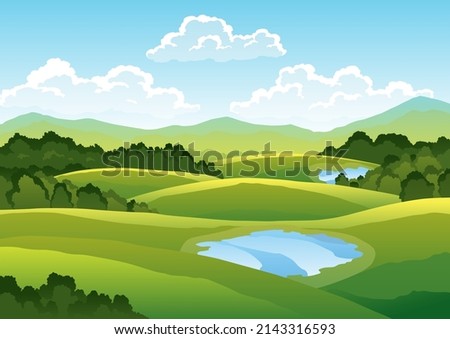 Green golf course. Countryside beautifle background. Hand drawn nature landscape with tree, green grass and lake