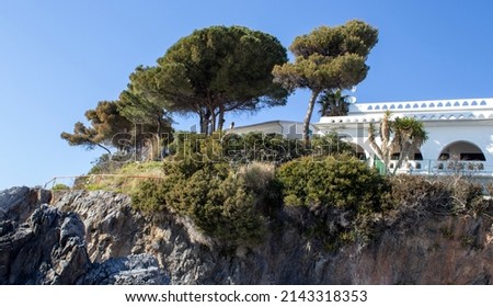 South of Italy, Calabria. Rock Villa on Scalea Beach with a Bright Blue Sky in the Background. Amazing Place to Visit in Europe. Beautiful Calabria Surprises With Its Views. Concept of Nature. 