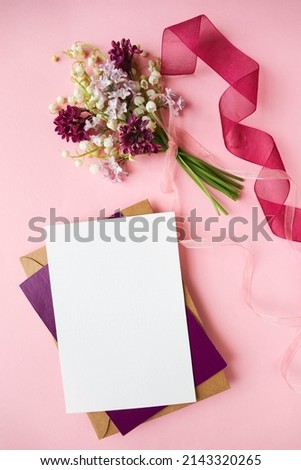 postcard template. small bouquet of lilies of the valley and space for text