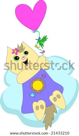 Cute Cat Floats with Balloon Vector