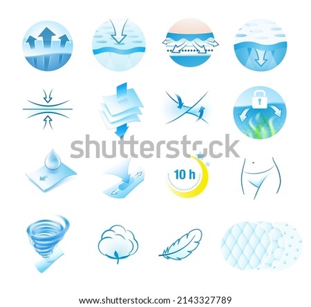 A set of icons for the absorbent material. Perfect for feminine pads, baby diapers, tissues, napkins and etc. EPS10.	 Royalty-Free Stock Photo #2143327789