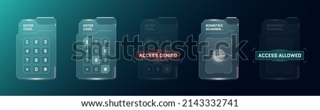 HUD digital futuristic user interface PIN code entry panel set. Sci Fi high tech protection screens. Gaming menu fingerprint scanner and number touching dashboard. Cyber space biometric id keypad. Eps Royalty-Free Stock Photo #2143332741