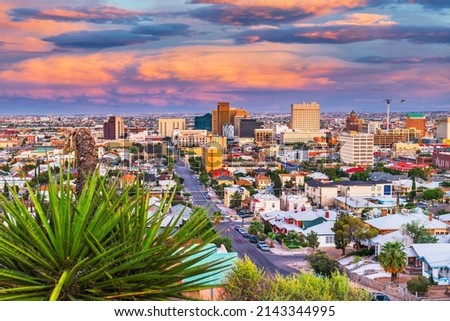 El Paso, Texas, USA  downtown city skyline at dusk with Juarez, Mexico in the distance. Royalty-Free Stock Photo #2143344995