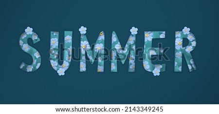 Paper cut beautiful banner. Summer. Carved letters with colorful paper flowers on a dark green background. Fashionable typographic design of cartoon poster. Origami style. Realistic 3d illustration
