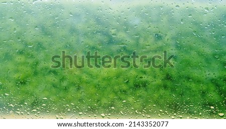 Close up of water drops on window glass in rainy season, Defocused Rain falling on greenery nature background